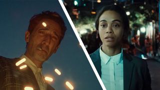 A collage of Adrian Brody in The Brutalist and Zoe Saldana in Emilia Perez