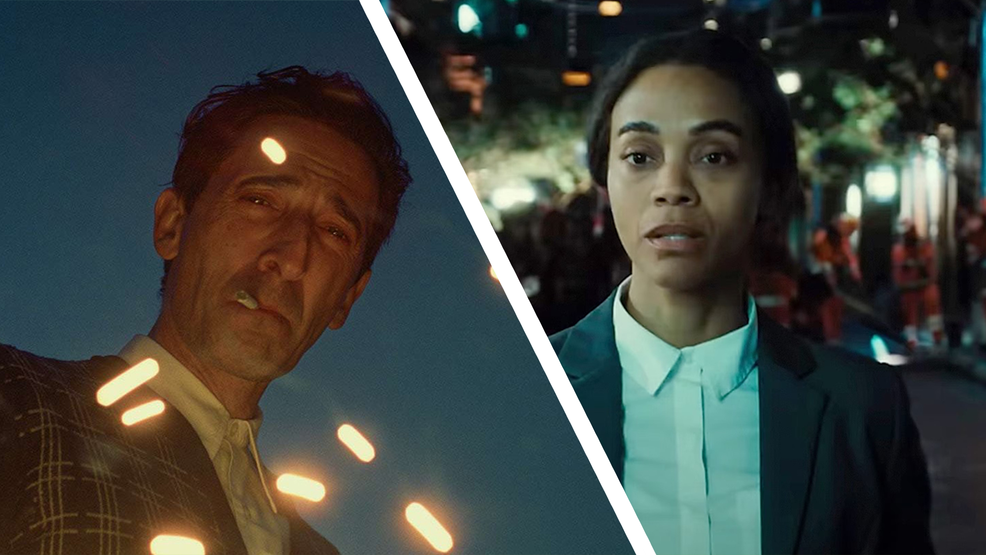 Eine Collage von Adrian Brody im Brutalist und Zoe Saldana in Emilia Perez