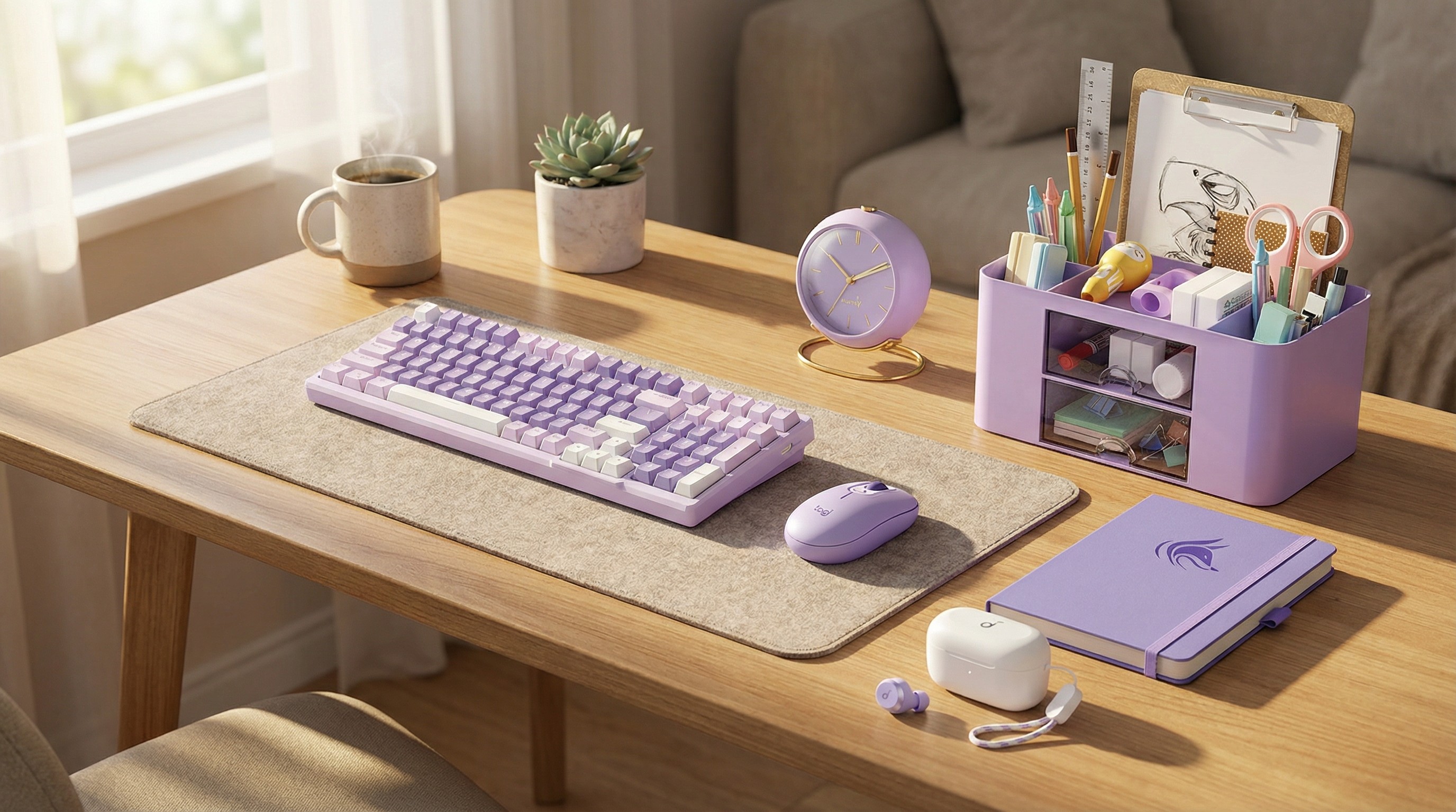 A selection of lilac-themed home office supplies on a desk