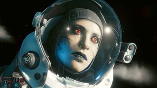 A close-up of V in a space suit during the sci-fi RPG, Cyberpunk 2077