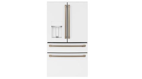 Cafe CVE28DP4NW2 French door refrigerator review: image of white French door refrigerator with gold accents on the handles