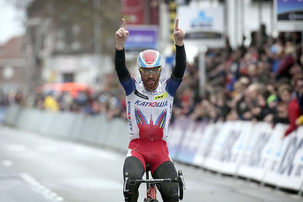 Luca Paolini (Katusha) victory salute at Gent-Wevelgem