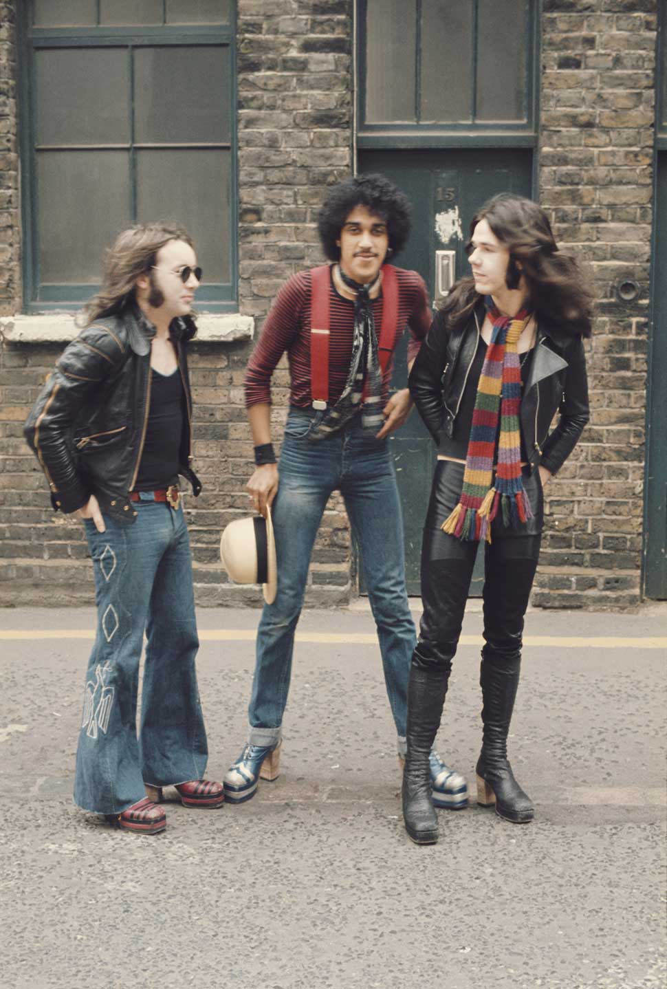 Thin Lizzy standing in a London street, 1974