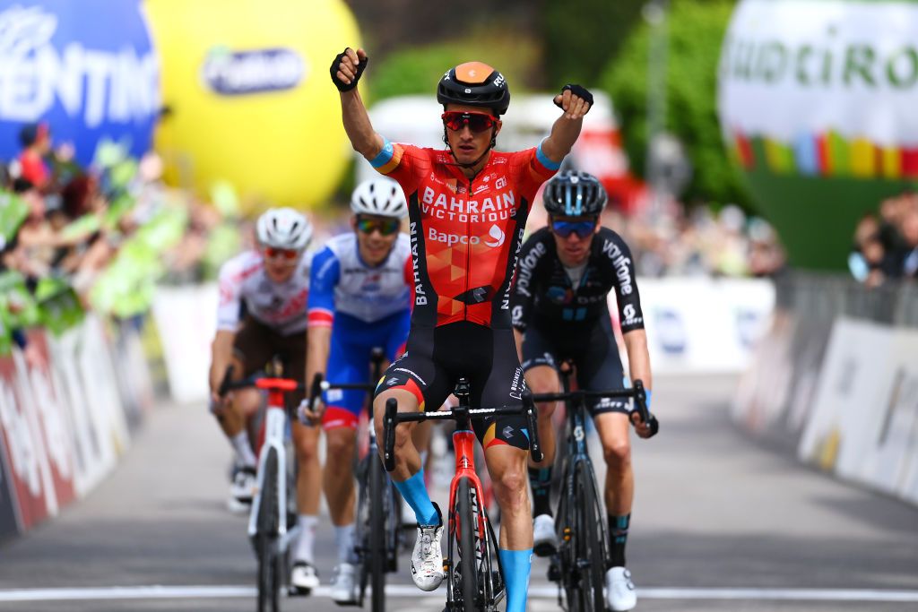 BOLZANO LANA ITALY APRIL 19 Pello Bilbao Lpez De Armentia of Spain and Team Bahrain Victorious celebrates at finish line as stage winner during the 45th Tour of the Alps 2022 Stage 2 a 1541km stage from PrimieroS Martino di Castrozza to Lana TouroftheAlps on April 19 2022 in Bolzano Lana Italy Photo by Tim de WaeleGetty Images