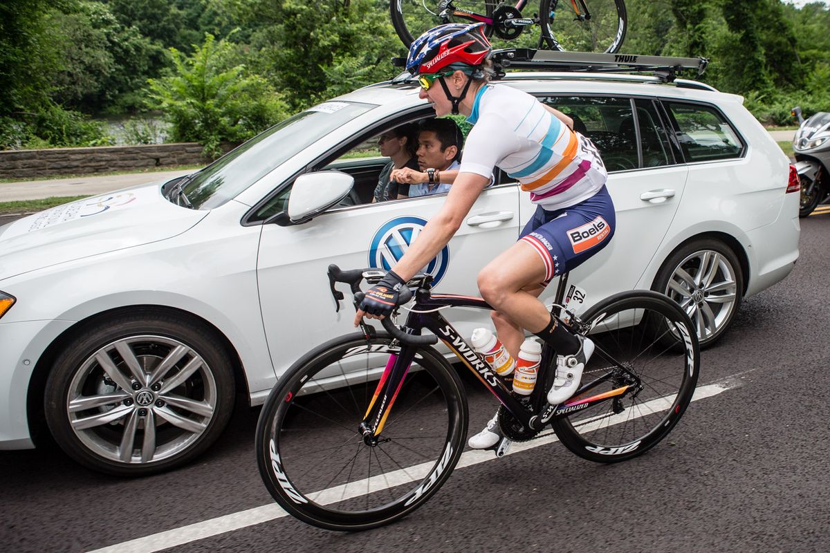 Megan Gaurnier (Boels Dolman) has a chat at the team car