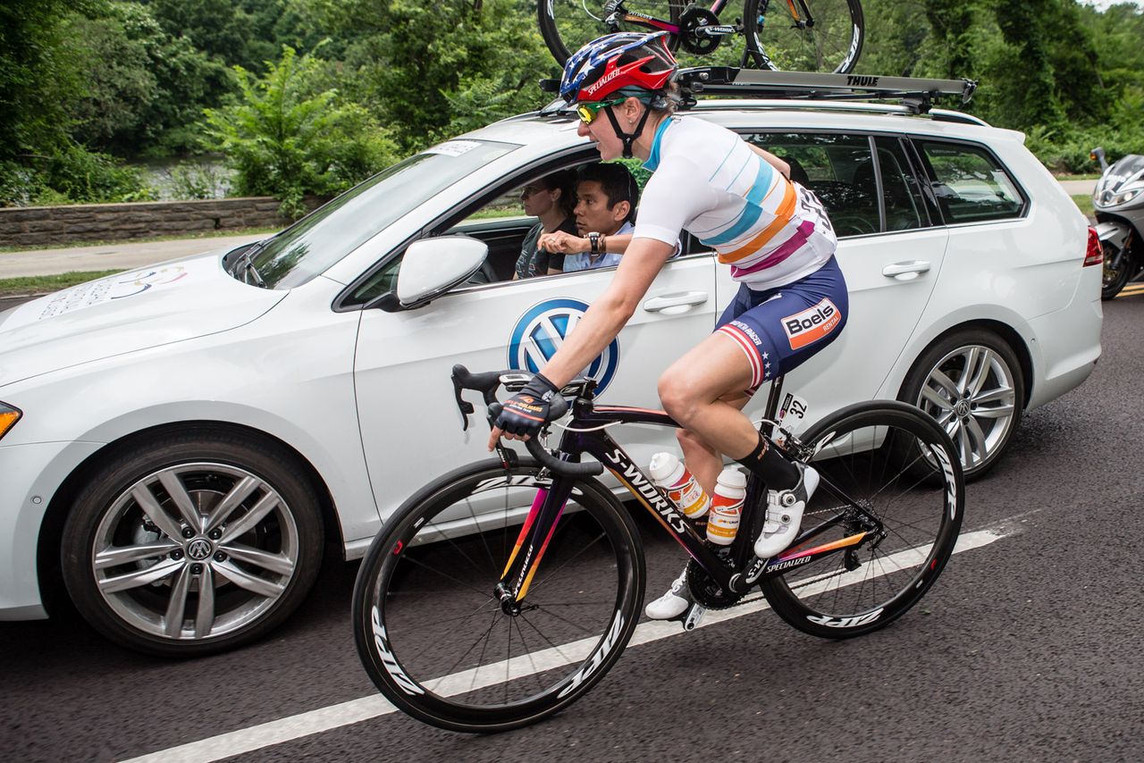 Megan Gaurnier (Boels Dolman) has a chat at the team car