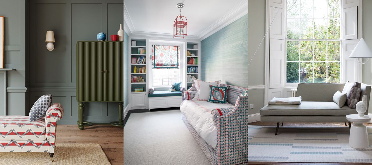 Daybed ideas for small spaces. Red patterned daybed in green room. Daybed in blue children&#039;s room. Gray daybed beneath large window.