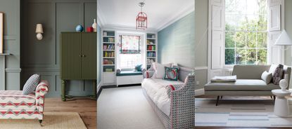 Daybed ideas for small spaces. Red patterned daybed in green room. Daybed in blue children's room. Gray daybed beneath large window.