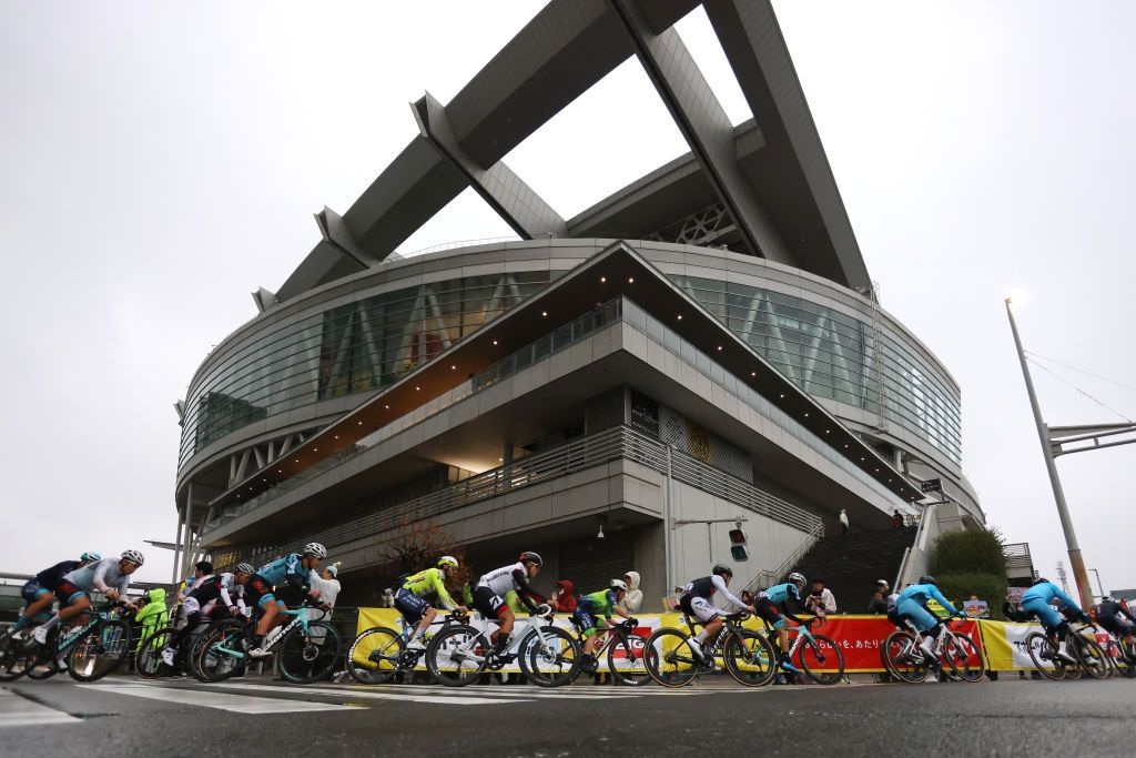SAITAMA JAPAN NOVEMBER 02 LR Lorenzo Rota of Italy and Team Intermarche Wanty Katsuya Okamoto of Japan and Team Bridgestone Cycling Hikaru Sato of Japan and Special Team Japan For Saitama Koki Kamada of Japan and JCL Team Ukyo and a general view of the peloton competing during the 10th Tour de France Saitama Criterium 2024 Criterium Race a 612km one day race from Saitama to Saitama on November 02 2024 in Saitama Japan Photo by Rhode Van ElsenGetty Images