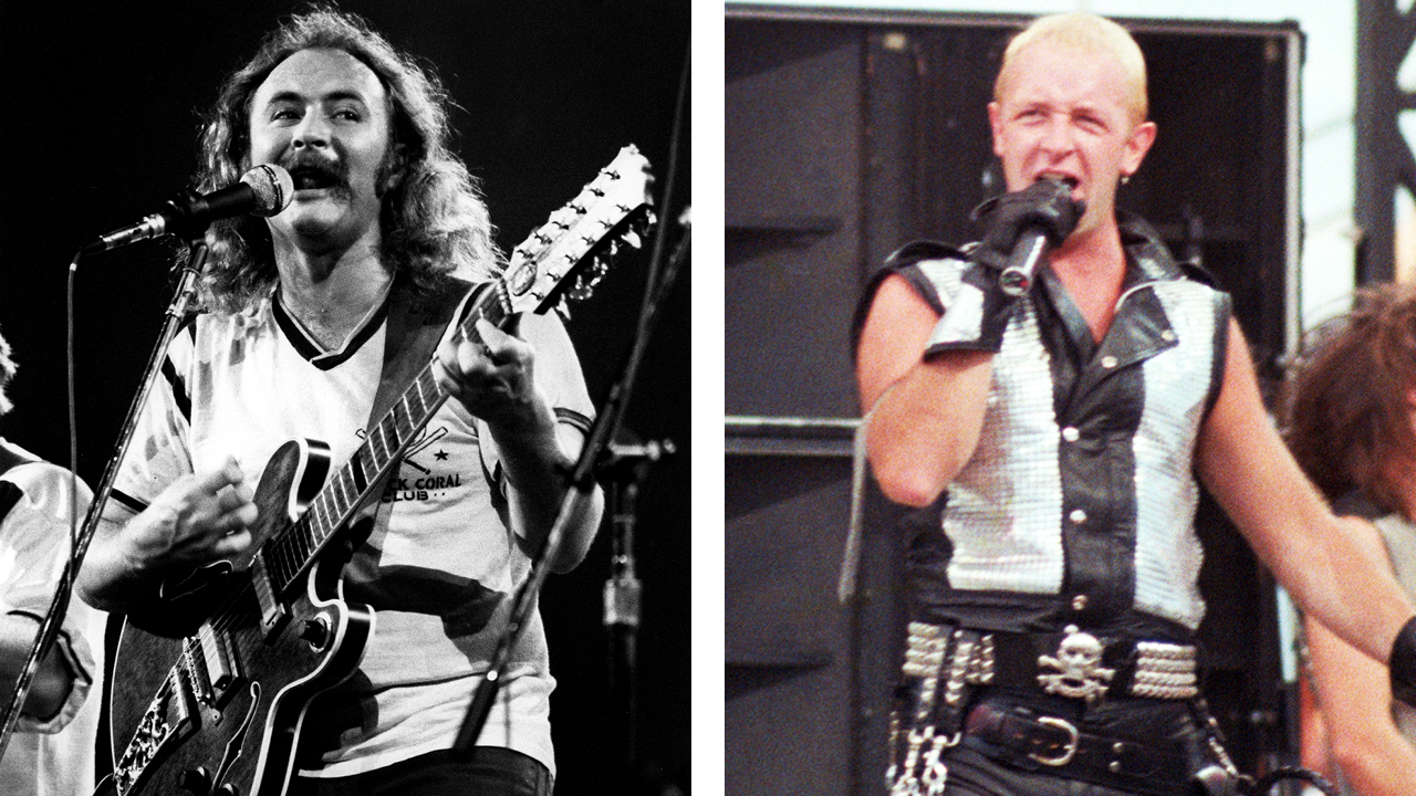 David Crosby performing onstage in 1974 and Judas Priest’s Rob Halford performing in 1983