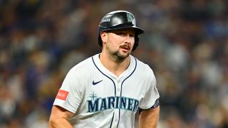 SEATTLE, WA - OCTOBER 10: Cal Raleigh #29 of the Seattle Mariners runs to first base after singling in the first inning during Game Five of the American League Division Series presented by Booking.com between the Detroit Tigers and the Seattle Mariners at T-Mobile Park on Friday, October 10, 2025 in Seattle, Washington. (Photo by Jane Gershovich/MLB Photos via Getty Images)