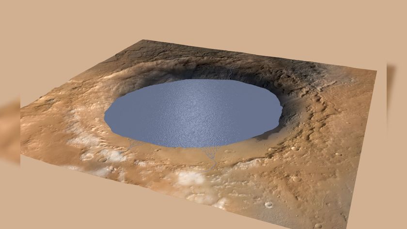 A computer modeled image of a red crater filled with blue-gray water.