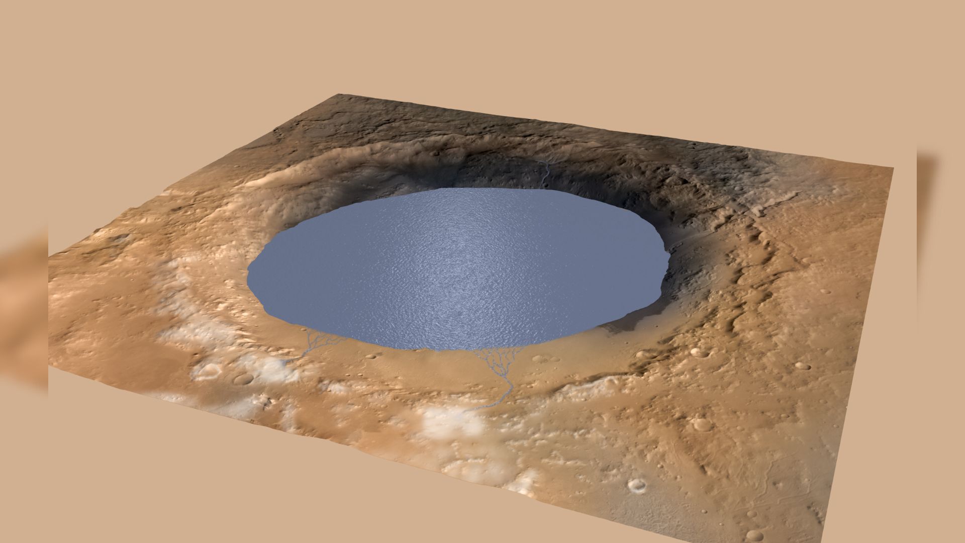 A computer modeled image of a red crater filled with blue-gray water.