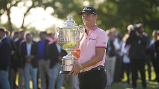 Justin Thomas holds the Wanamaker Trophy after winning the 2022 PGA Championship