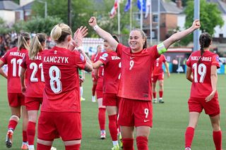 Ewa Pajor of Poland celebrates scoring her team's first goal during the UEFA Women's Nations League 2024/25 Grp B1 MD5 match between Northern Ireland and Poland at Seaview on May 30, 2025 in Belfast, Northern Ireland.
