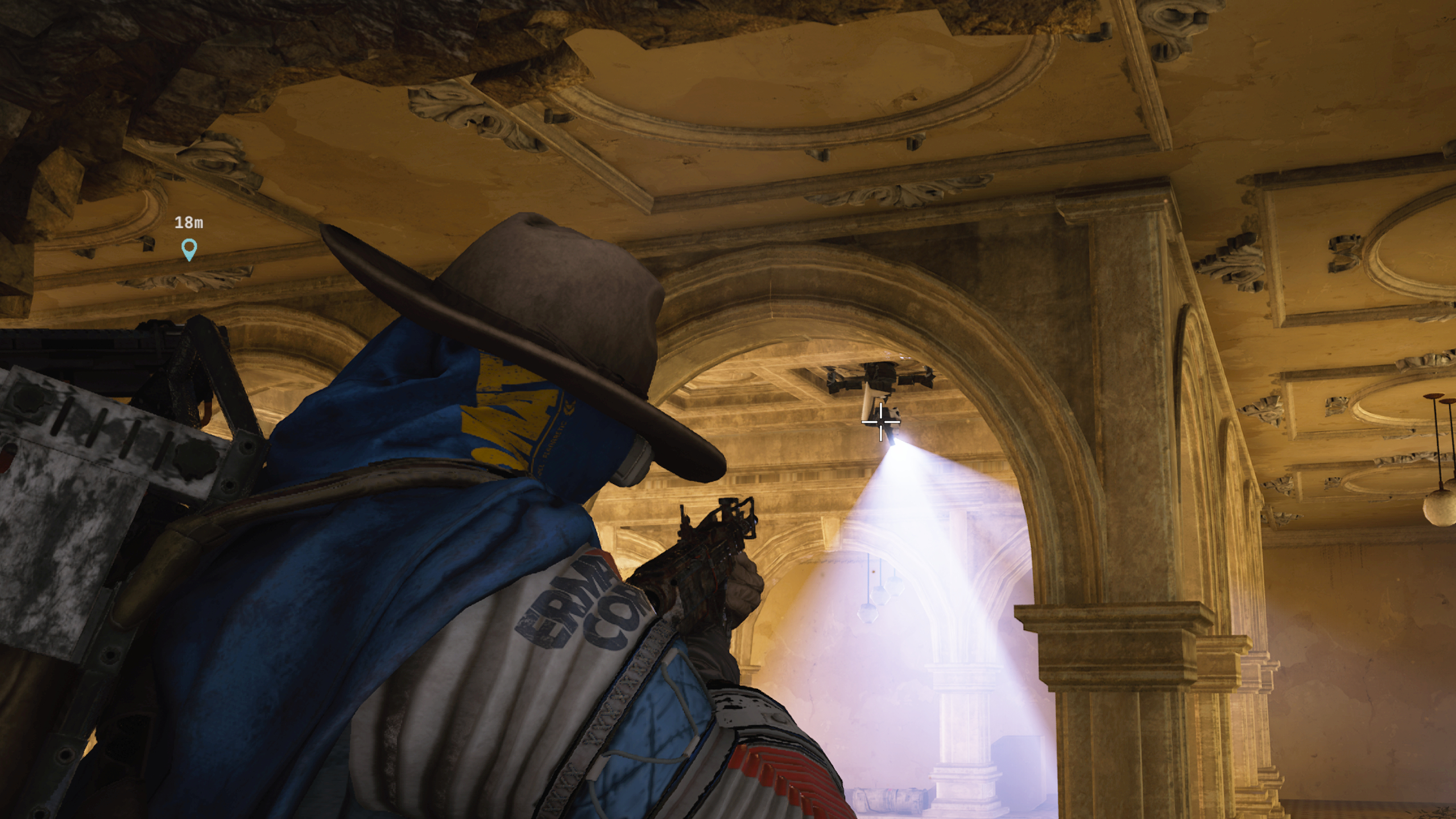 Arc Raiders Sentinel locations: A player aiming at a Sentinel latched onto ornate ceiling inside a building on Buried City.