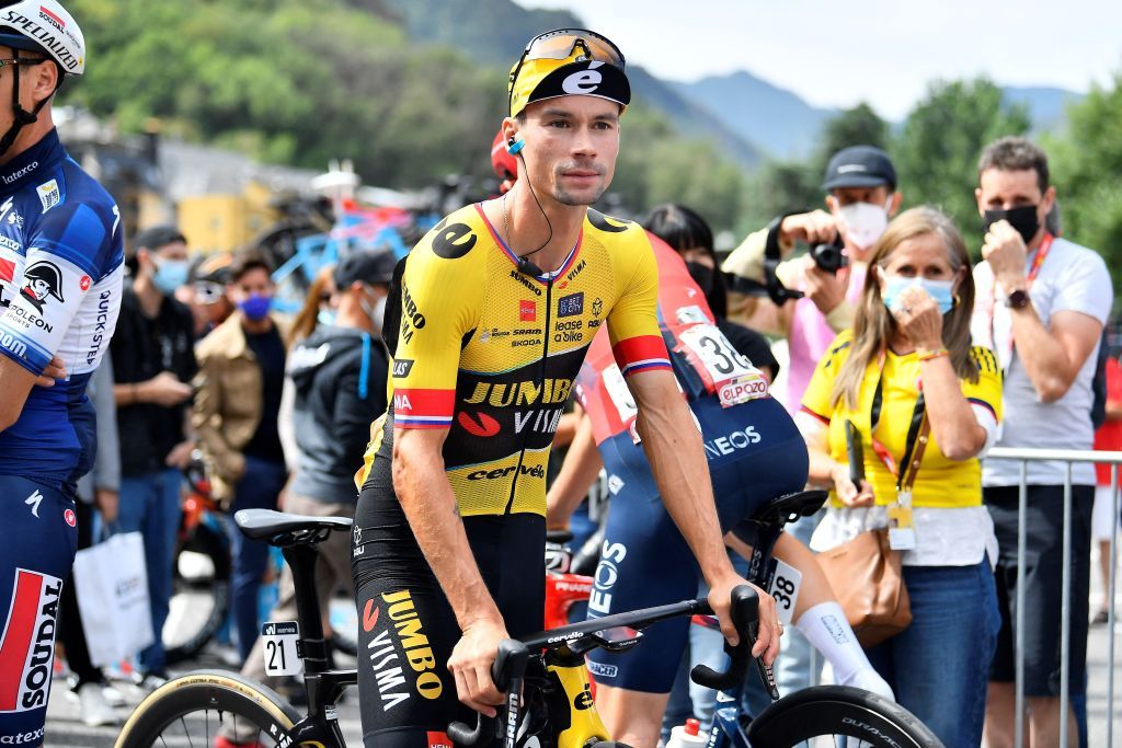 Team JumboVismas Slovenian rider Primoz Roglic rides his bike ahead of the fourth stage of the 2023 La Vuelta cycling tour of Spain a 1846 km race from Andorra la Vella to Tarragona in Andorra on August 29 2023 Photo by Pau BARRENA AFP Photo by PAU BARRENAAFP via Getty Images