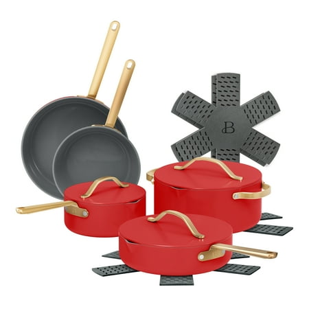 Beautiful 12pc Ceramic Non-Stick Cookware Set, Pots and Pans With Strainer Lids, Tomato Red by Drew Barrymore
