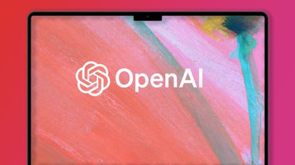 A laptop on a pink background showing the OpenAI logo