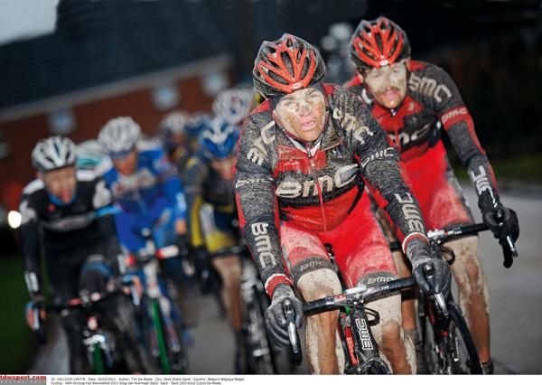 Greg Van Avermaet squints through the grime at Het Nieuwsblad
