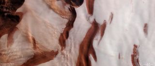 This image of the north pole on Mars, captured by the European Space Agency's Mars Express orbiter, shows part of the planet's polar ice cap rippled with dark-red troughs and depressions, which indicate that strong winds have been blowing in the area. Although it does not snow on Mars, storm clouds can kick dust up into the atmosphere, causing erosion that changes the appearance of the landscape over time.