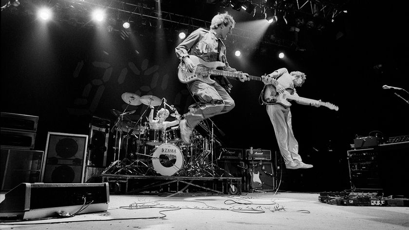 Stewart Copeland, Sting and Andy Summers of The Police perform on stage, United Kingdom, 1981