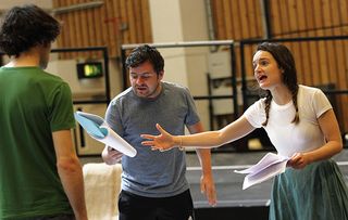 Aoife in rehearsals with Colin Morgan and Laurence Kinlan