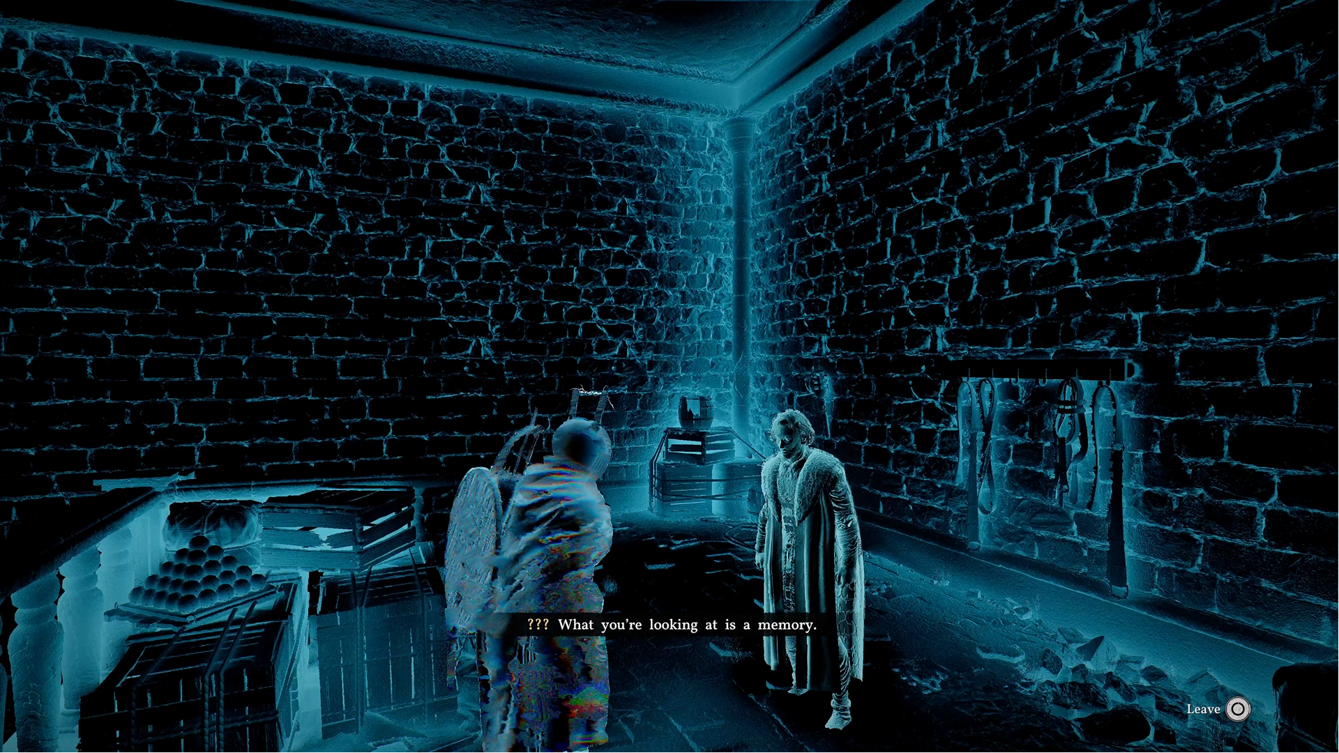 Screenshots obtained at a preview event for Crimson Desert, showing an old wizard, a helmet that replays ambient memories, and a small phantom child lifting a stone door.