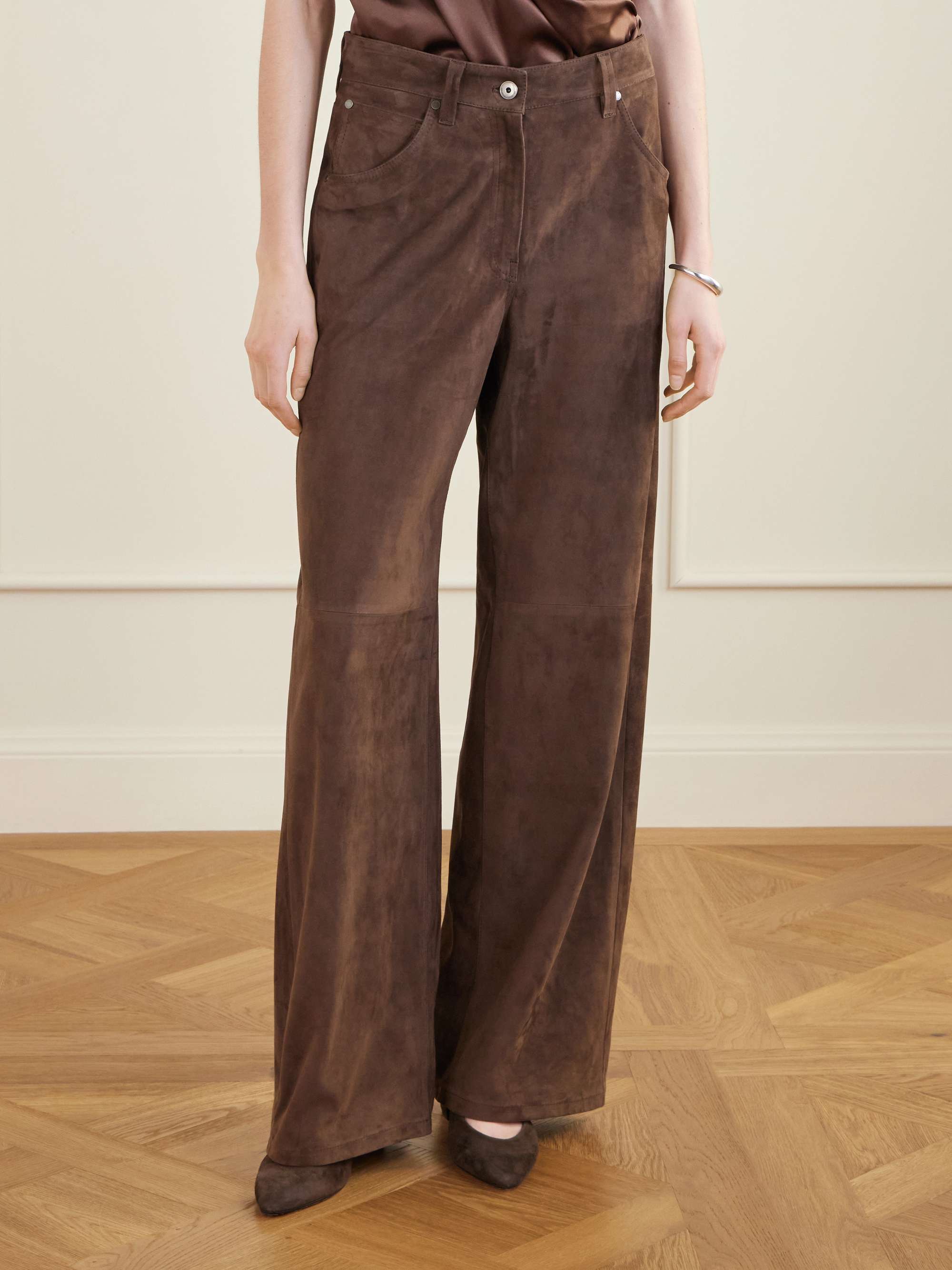 Mid-Rise Straight-Leg Suede Pants