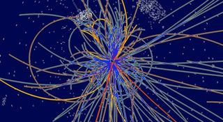 A simulation of a proton-proton collision at the Large Hadron Collider. Detectors such as the Compact Muon Solenoid, or CMS, will record the tracks created by hundreds of particles emerging from each collision. For more information, visit: http://www.uscms.org/