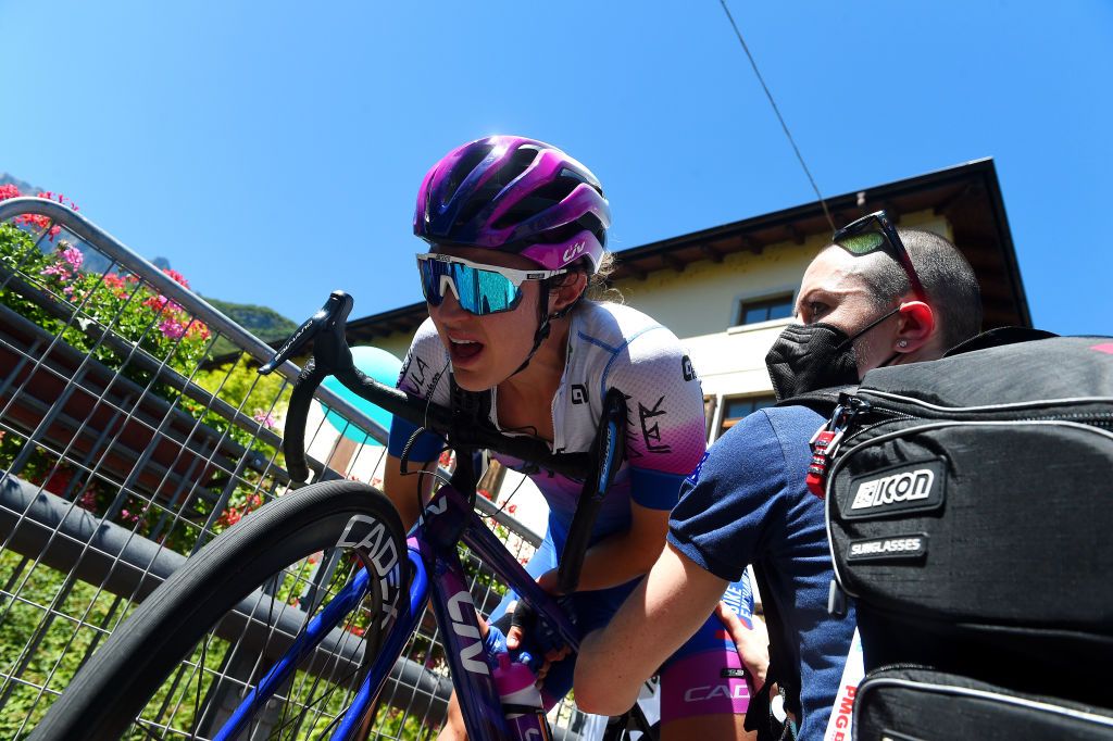 ALDENO ITALY JULY 08 Kristen Faulkner of United States and Team BikeExchange Jayco reacts after the 33rd Giro dItalia Donne 2022 Stage 8 a 1047km stage from Rovereto to Aldeno GiroDonne UCIWWT on July 08 2022 in Aldeno Italy Photo by Dario BelingheriGetty Images