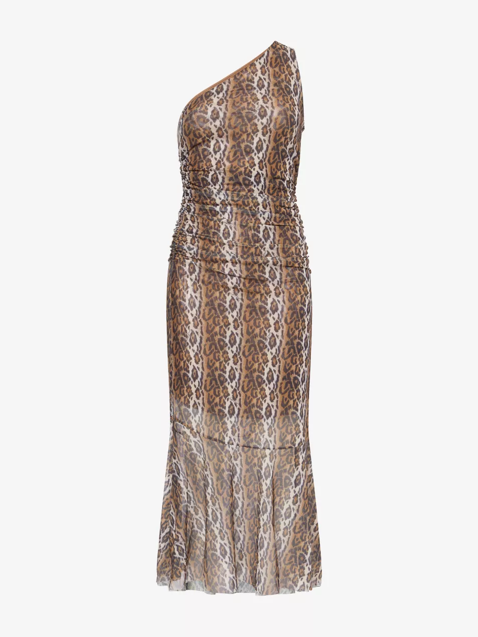 Leopard Asymmetric Stretch-Woven Maxi Dress