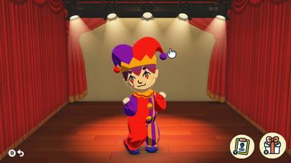 The clown character Hugh Morris doing a coquettish pose in Tomodachi Life: Living the Dream