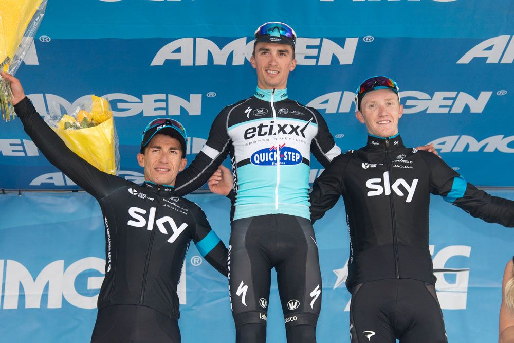 Sergio Henao and Ian Boswell either side of Julian Alaphilippe on the podium