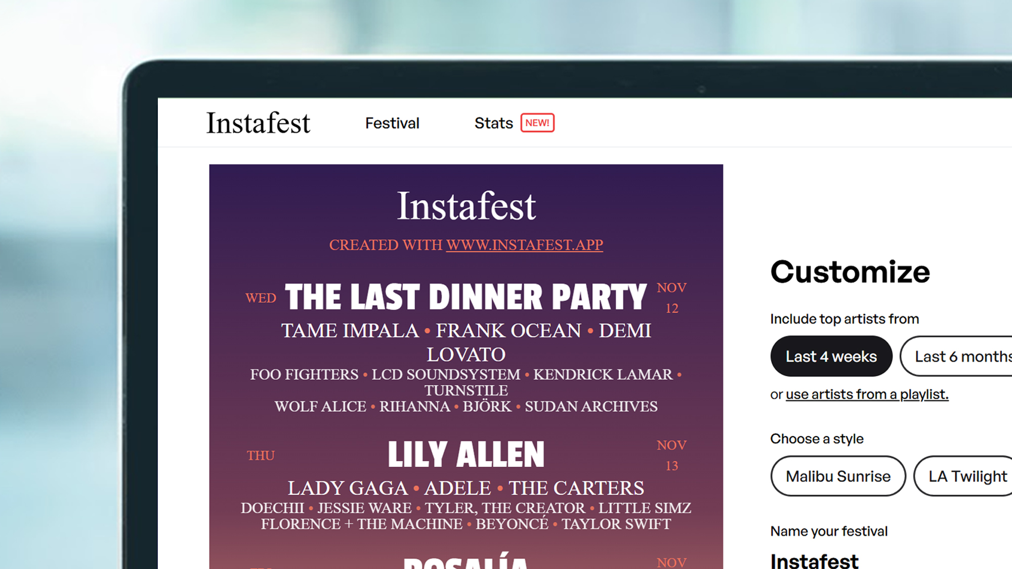 A laptop screen showing a festival listing poster make with Instafest