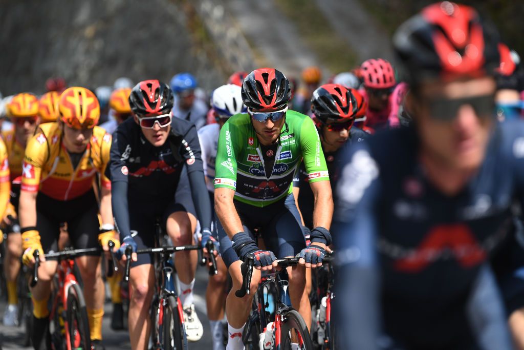 FEICHTEN IM KAUNERTAL AUSTRIA APRIL 20 Gianni Moscon of Italy and Team INEOS Grenadiers Green Leader Jersey during the 44th Tour of the Alps 2021 Stage 2 a 1215km stage from Innsbruck to Feichten im Kaunertal 1291m TourofTheAlps TouroftheAlps on April 20 2021 in Feichten im Kaunertal Austria Photo by Tim de WaeleGetty Images