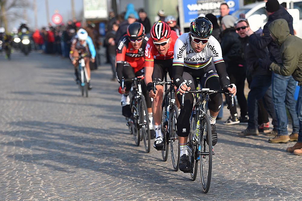 World champion Peter Sagan (Tinkoff) leads the winning breakaway at Omloop Het Nieuwsblad