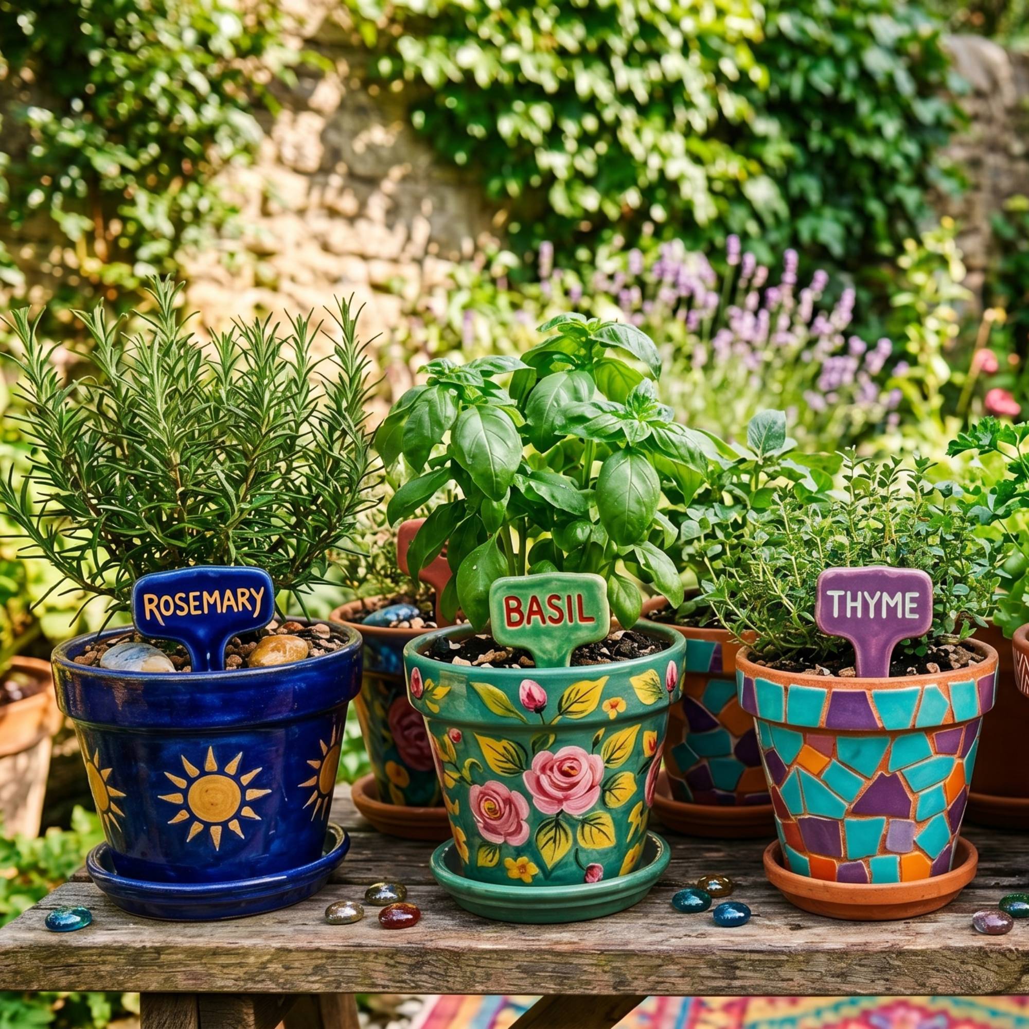 Colorful containers of herbs with clay name tags in each one