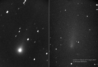 Amateur astronomer Michael Mattiazzo of Castlemaine, Australia caught these two images of comet Elenin on Aug. 19 (left) and Sept. 6, 2011. The images show a rapid dimming in the comet, possibly hinting at its disintegration.