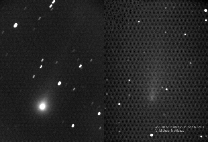 Amateur astronomer Michael Mattiazzo of Castlemaine, Australia caught these two images of comet Elenin on Aug. 19 (left) and Sept. 6, 2011. The images show a rapid dimming in the comet, possibly hinting at its disintegration. 