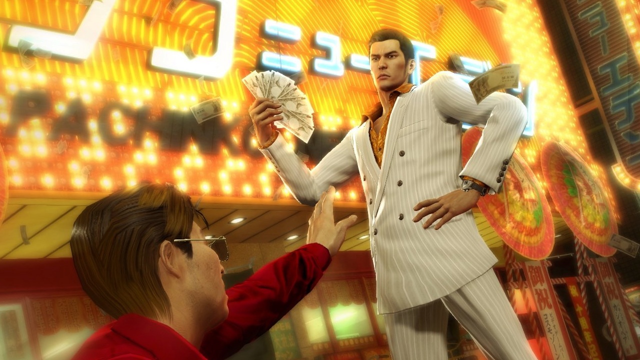 Kiryu fanning himself with money as man reaches for him in Yakuza 0