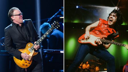 Joe Bonamassa and Gary Moore: Bonamassa plays a '59 Les Paul Standard, wears a dark suit and shades, while this archive pick of the late Moore sees him embrace the '80s with a sleeveless red jacket and matching Strat.