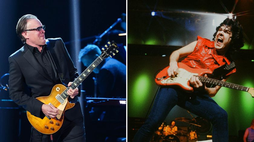 Joe Bonamassa and Gary Moore: Bonamassa plays a &#039;59 Les Paul Standard, wears a dark suit and shades, while this archive pick of the late Moore sees him embrace the &#039;80s with a sleeveless red jacket and matching Strat.