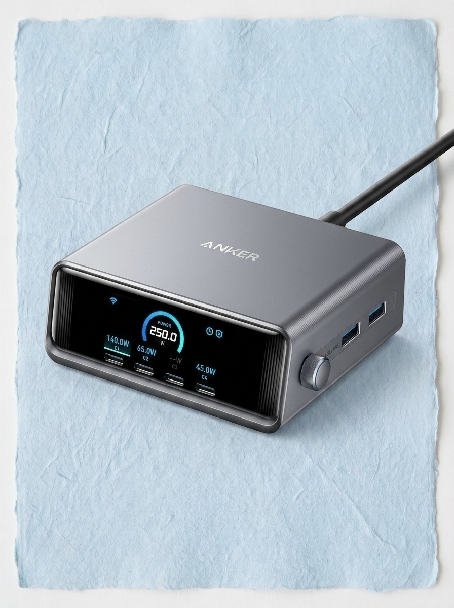 Anker office tech on a textured pale blue background