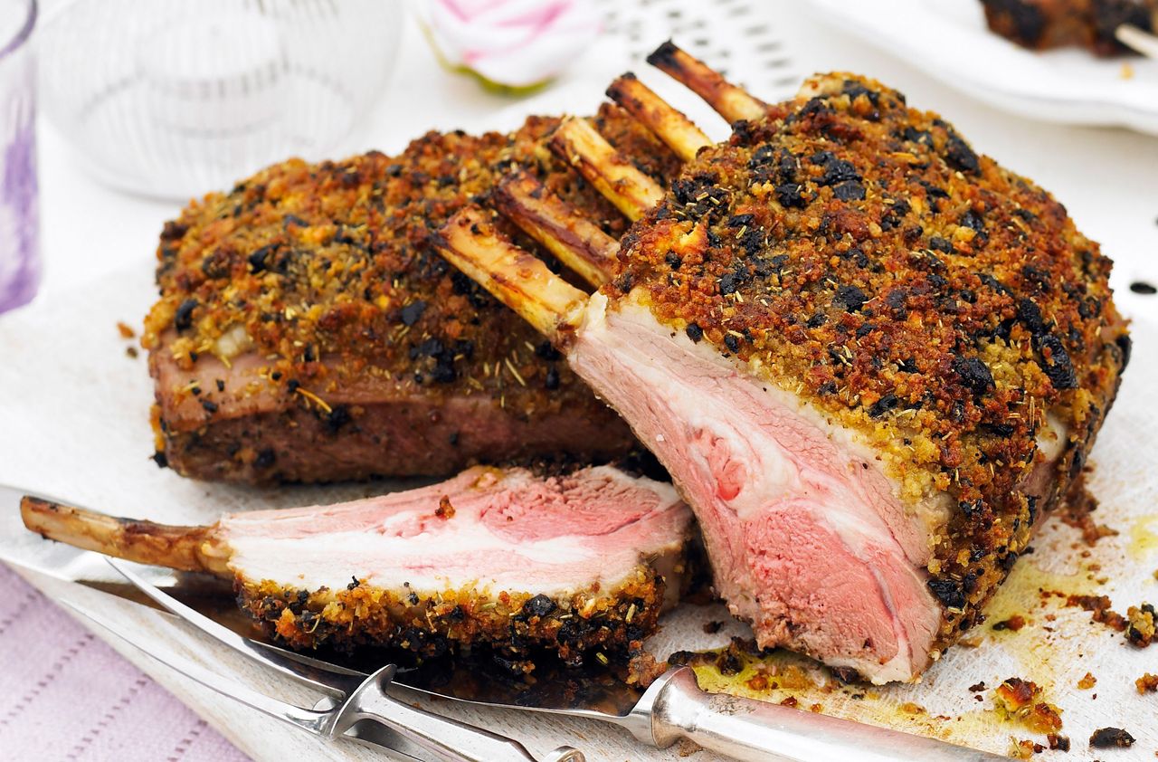 Feta and black olive crusted rack of lamb