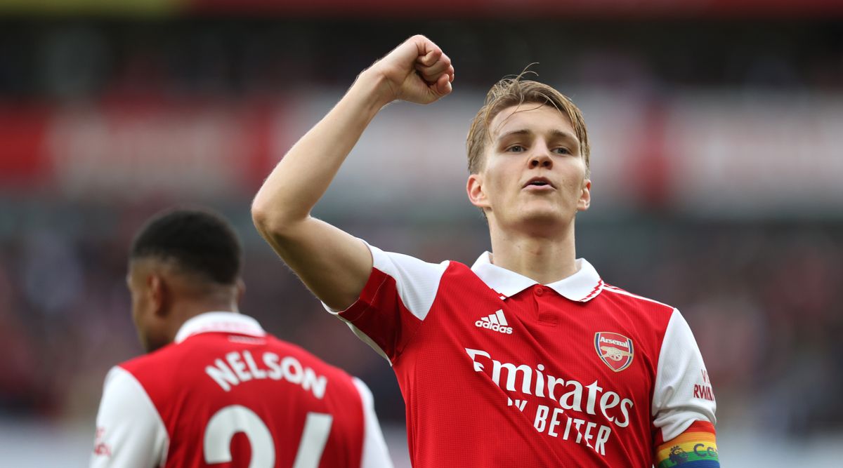 Arsenal captain Martin Odegaard celebrates after scoring his team&#039;s fifth goal in the Premier League match between Arsenal and Nottingham Forest on 30 October, 2022 at the Emirates Stadium, London, United Kingdom