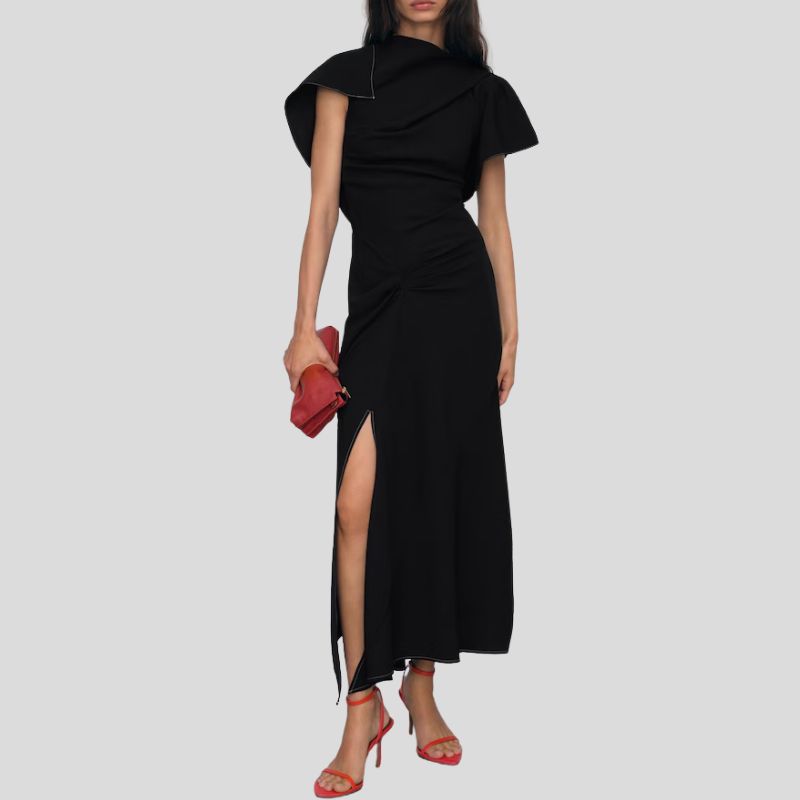 Saskia Asymmetric Draped Midi Dress in Black on model
