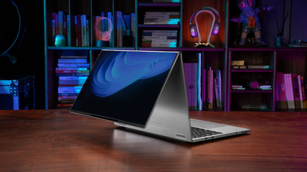 Lenovo ThinkBook Flip AI PC Concept on table showing foldable display