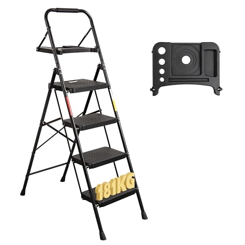 Bontec 4 Step Ladder With Wide Anti-Slip Pedals, Folding Step Stool Capacity 181kg, Sponge Handrail, Strong and Solid Portable Step Ladder Suitable for Home, Kitchen, Pantry, Indoor/outdoor Use, Black