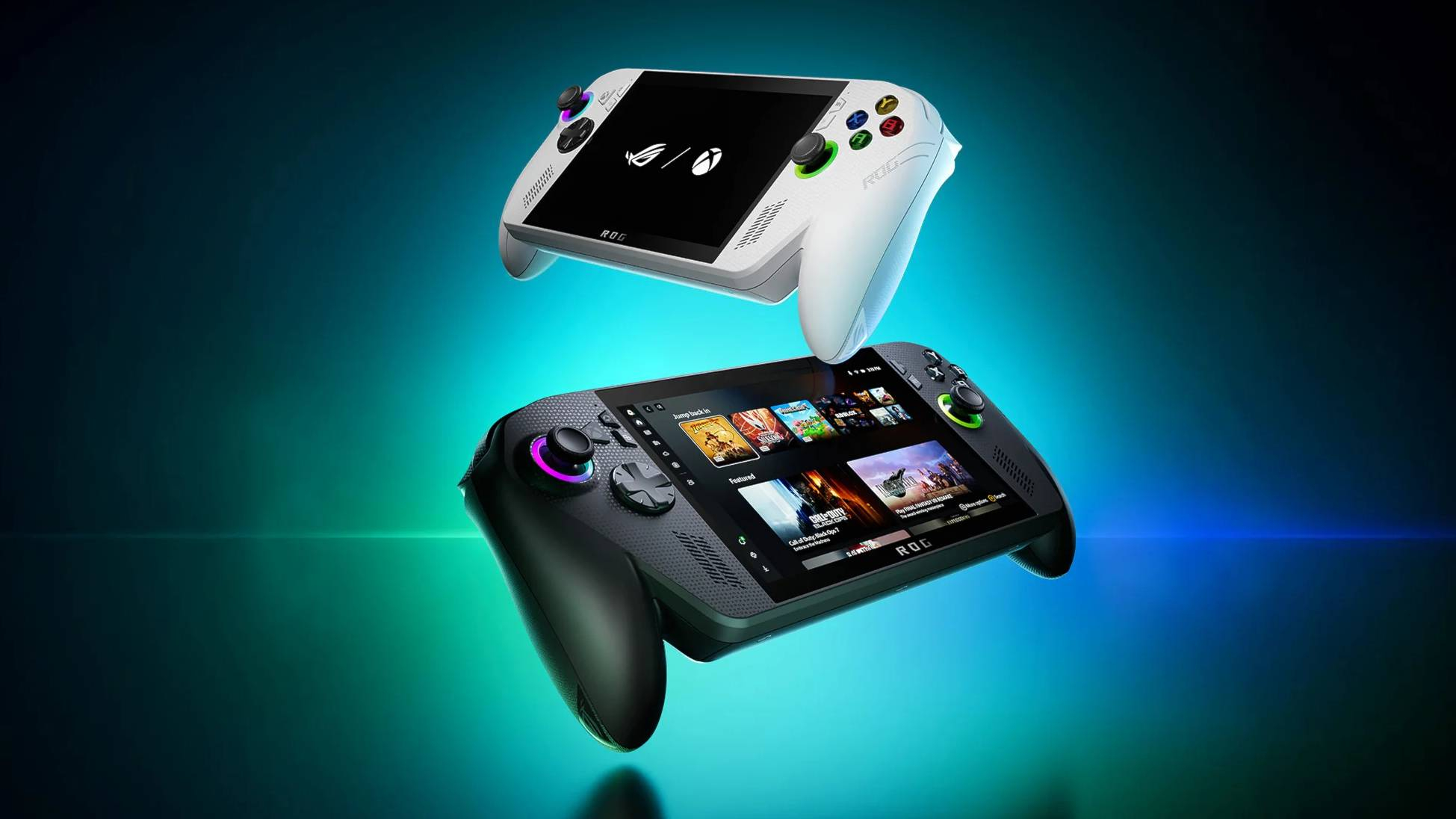 The ASUS ROG Xbox Ally handheld consoles on a space themed background